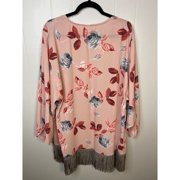 Peach Love Kimono Cardigan With Fringe Hem & Floral Print Large - Picture 2 of 4